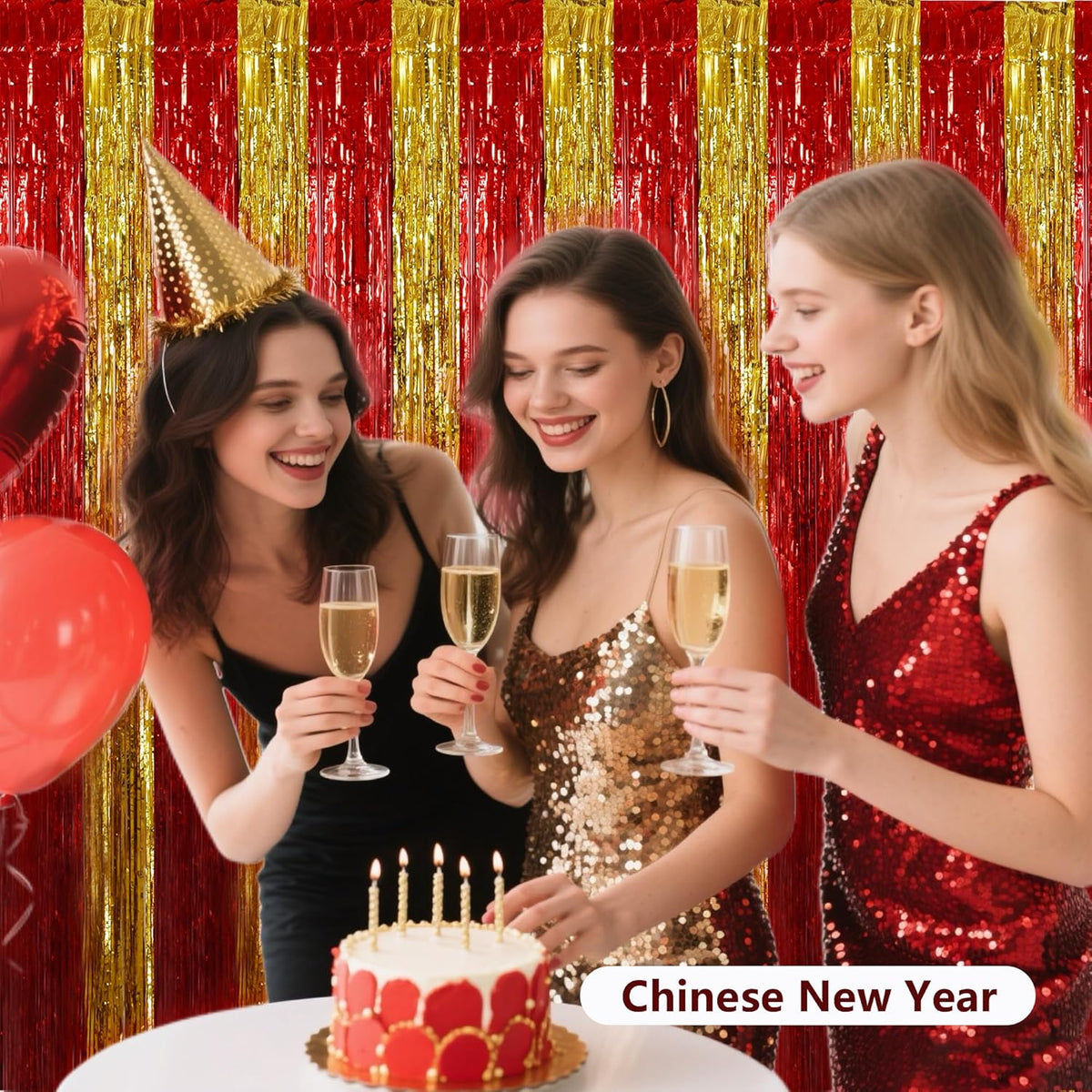 BEISHIDA Red Gold Door Streamers Backdrop Foil Fringe Tinsel Party Streamers Curtains Photo