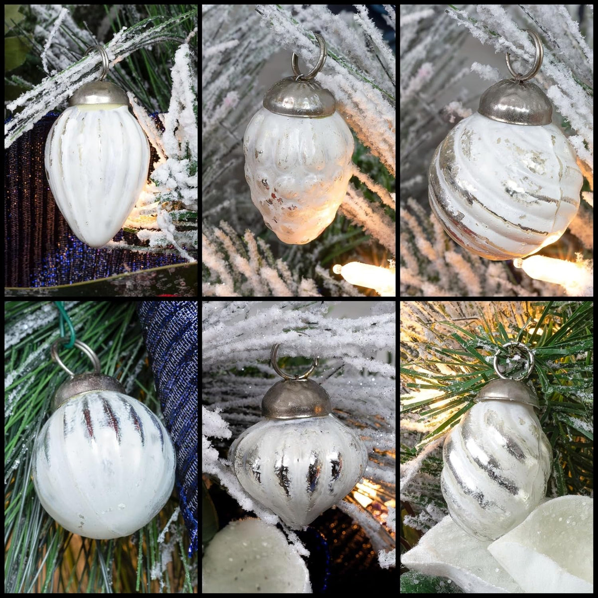 AuldHome Mercury Glass Finial Ornaments (Set of 12, Silver White, Small); Distressed Metal Antique