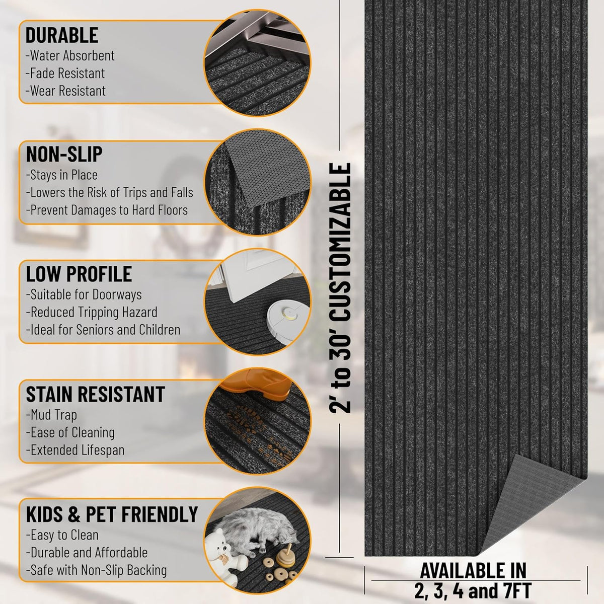 Ottomanson 2'7" x 40' Hallway Runner with Scraper Pile - Extra Durable Non-Slip Rug Mat for Indoor
