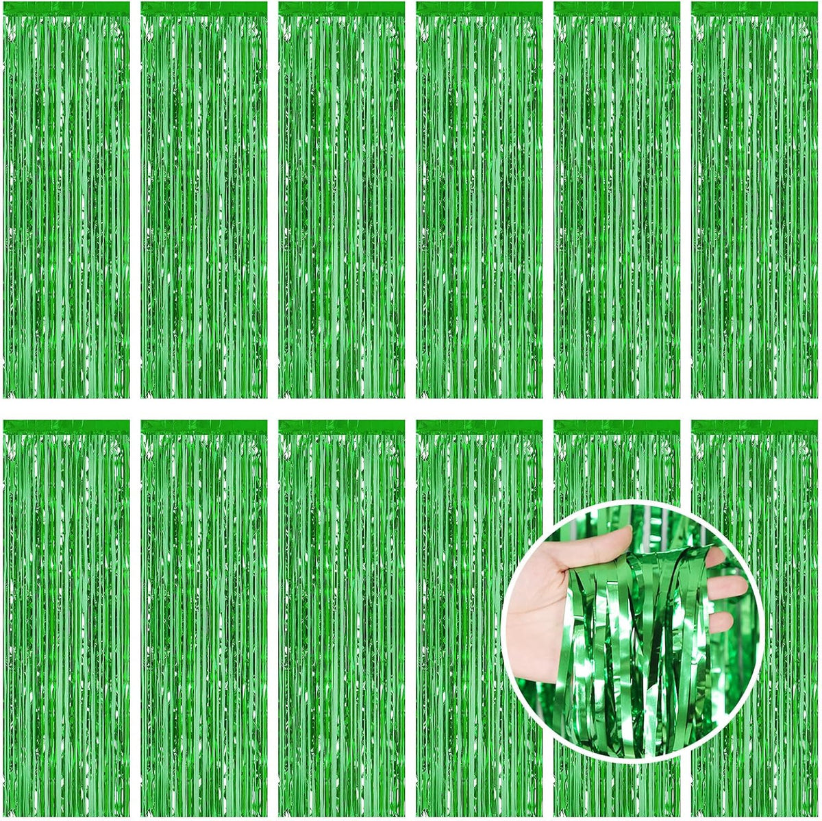 Green Fringe Curtain Party Streamers, 12 Pack 3.3ft x 8.2 ft Foil Curtain Backdrop Tinsel Foil