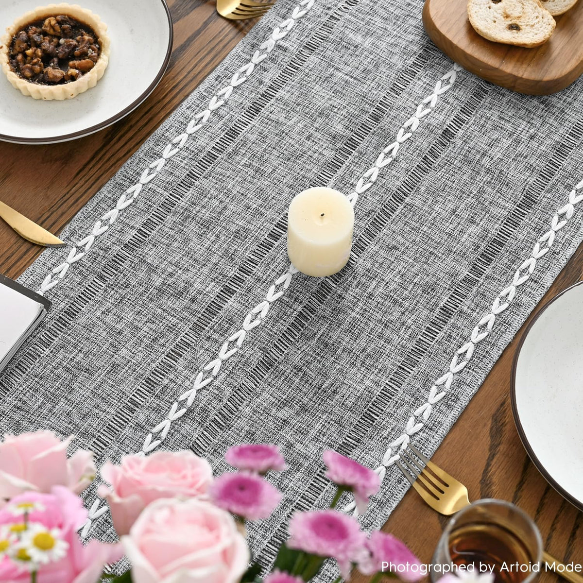 Artoid Mode Dark Grey Rustic Cotton Linen Table Runner, Seasonal Embroidered Hollow Kitchen Dining