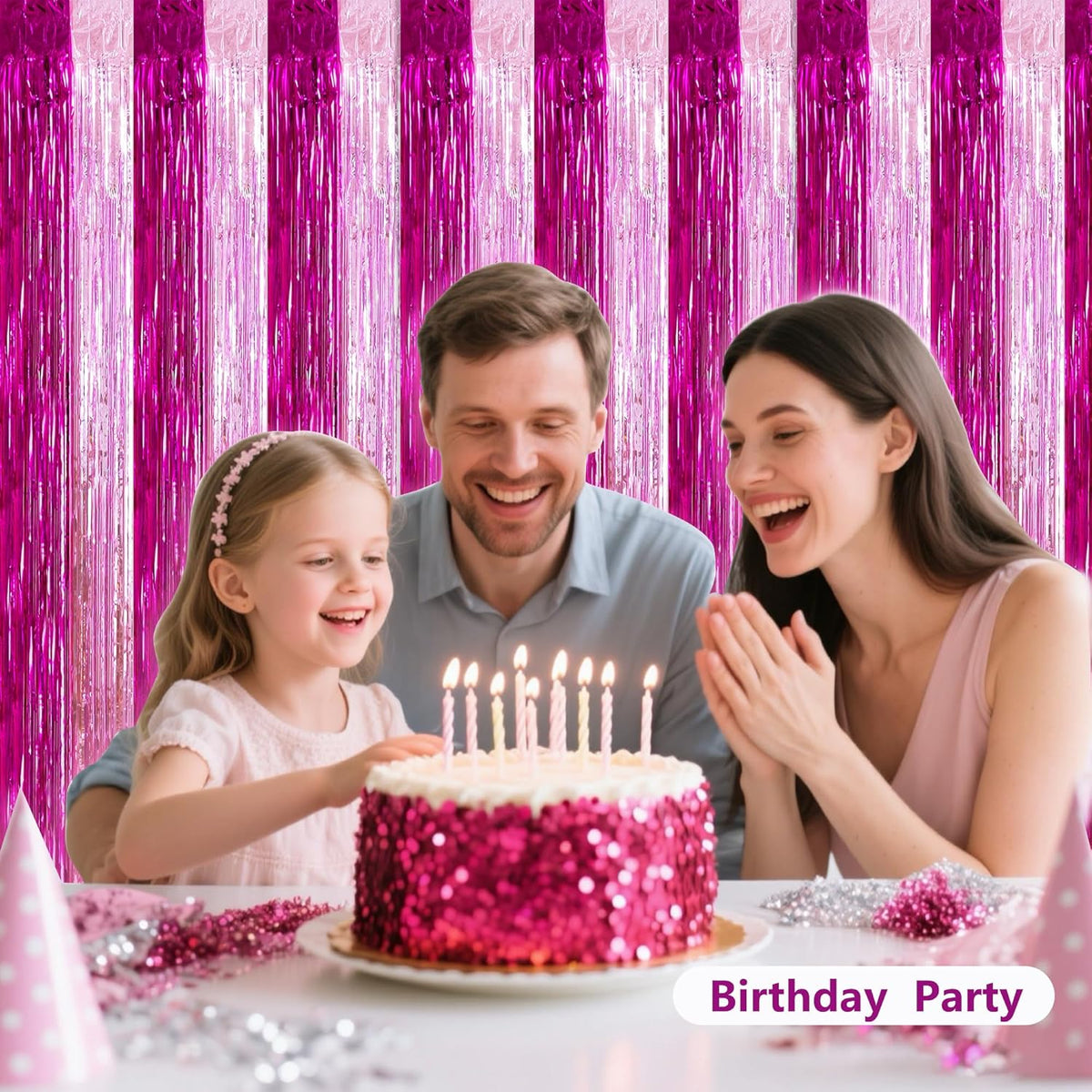 BEISHIDA Hot Pink Pink Door Streamers Backdrop Foil Fringe Tinsel Party Streamers Curtains Photo