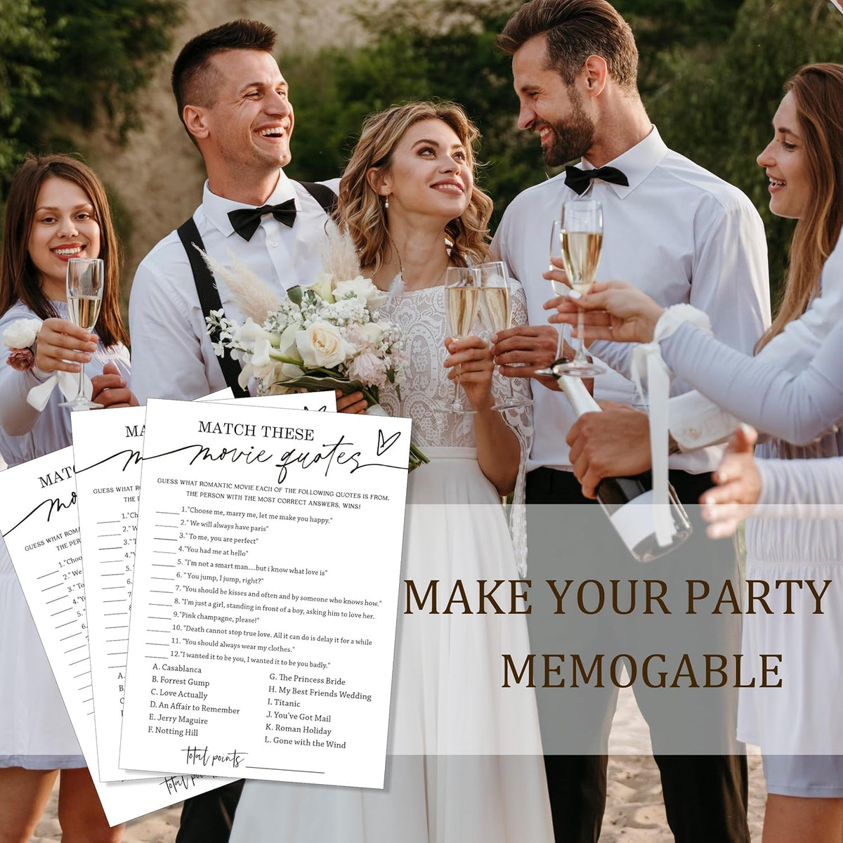 Fun Bridal Shower Games Set 25 Wedding Games Cards with 1 Answer Card Match Movie Quotes for