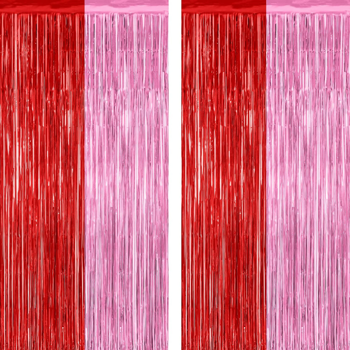 2 Pack Backdrop Curtains, 3.28 Feet x 7.05 Feet Red Pink Backdrop, Metallic Fringe Curtains Tinsel