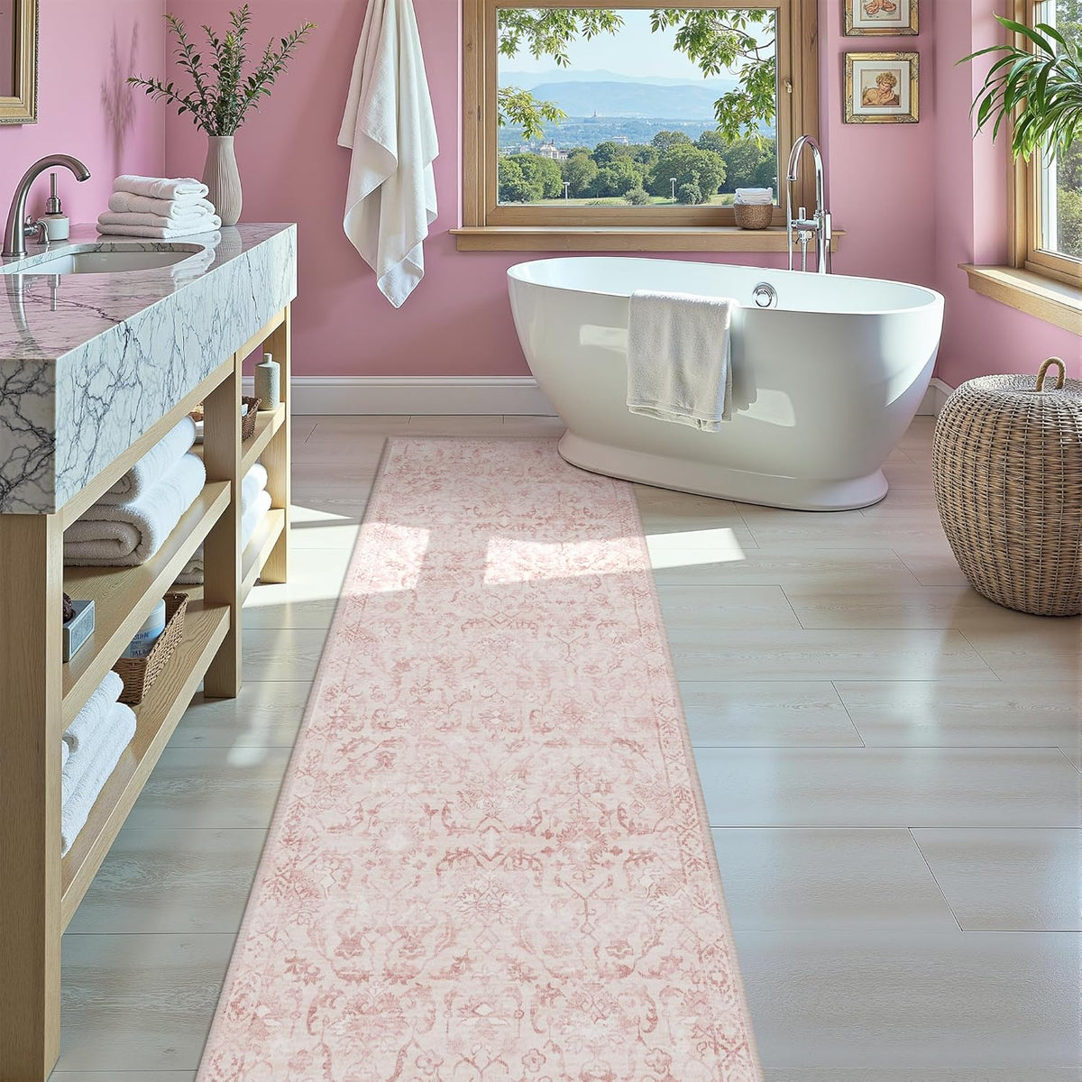 Pink 3x10 Runner Rug for Hallways Bed Side Kitchen, Boho Washable Distressed Low-Pile Floor
