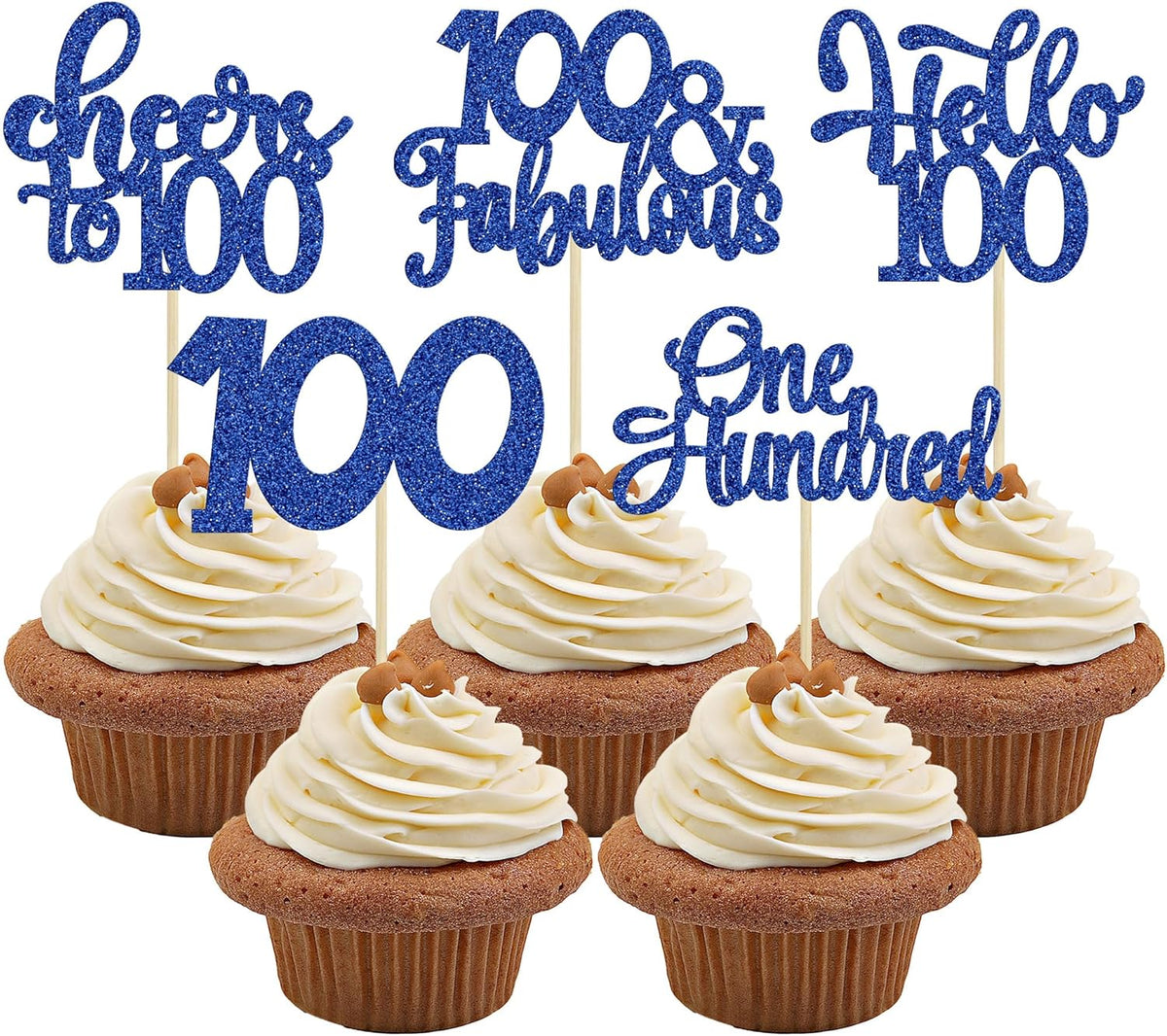 30pcs Happy 100th Birthday Cupcake Toppers - Deep Blue Glitter One Hundred Cheers to 100 Years Old