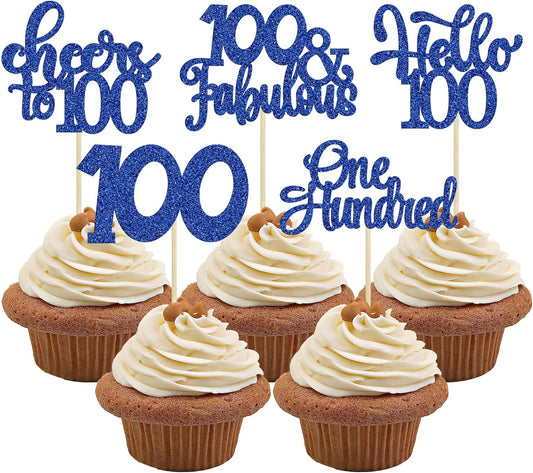 30pcs Happy 100th Birthday Cupcake Toppers - Deep Blue Glitter One Hundred Cheers to 100 Years Old