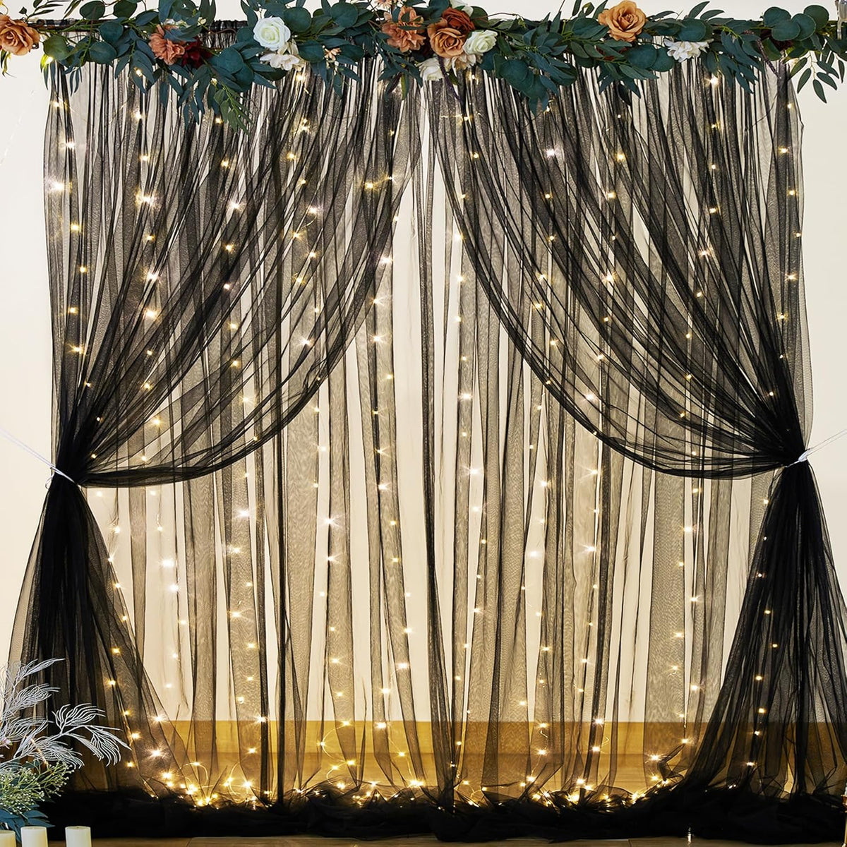 Black Sheer Backdrop Curtains with Lights String for Parties Birthday 10ft × 8ft Black Tulle