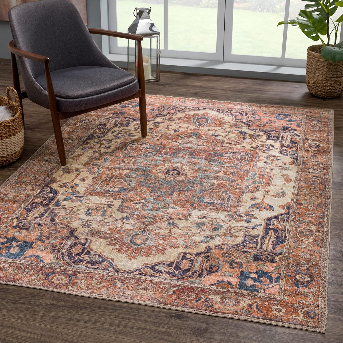 Bloom Rugs Washable 8' x 10' Rug - Beige/Terracotta Traditional Area Rug for Living Room, Bedroom
