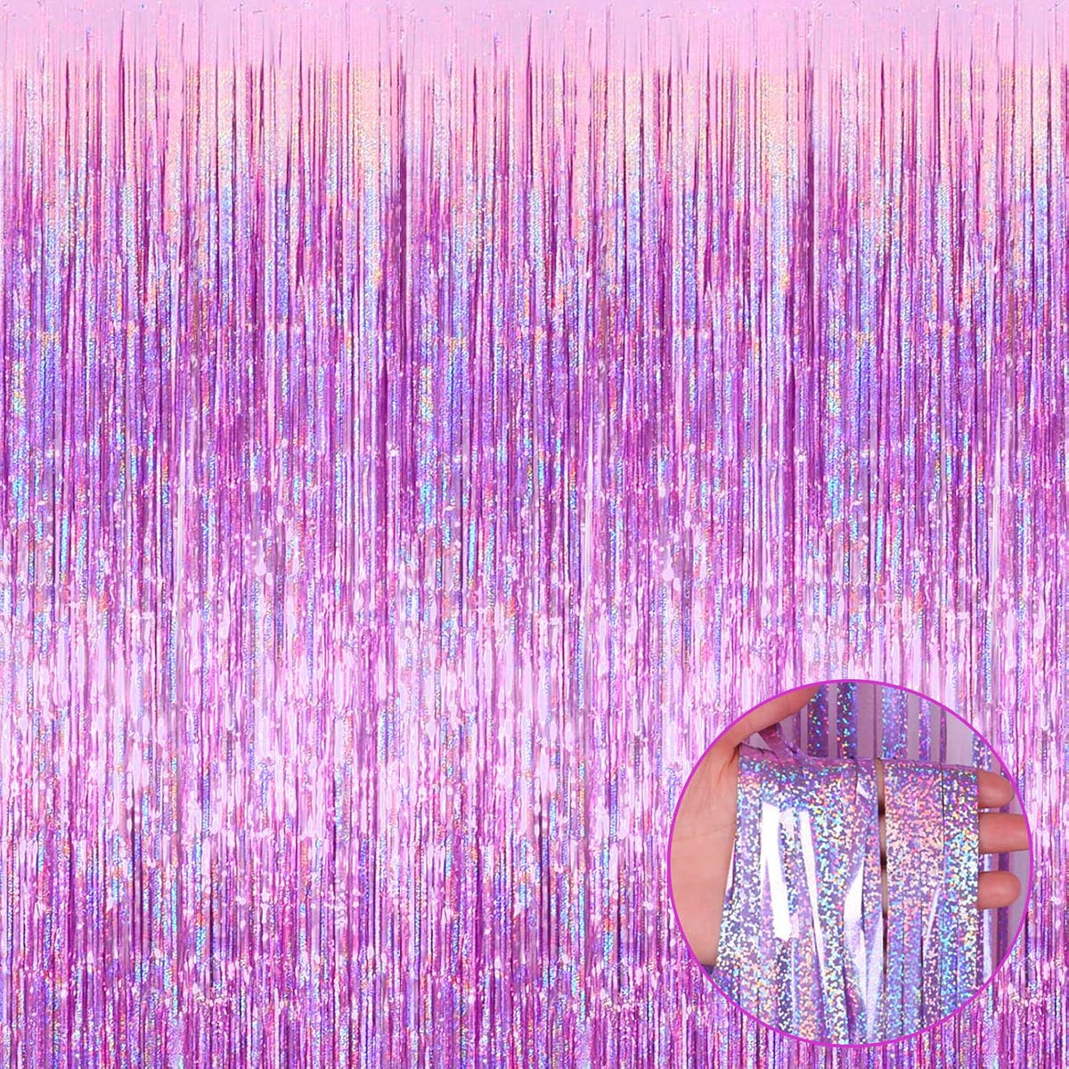 4 Pack Pink Tinsel Foil Fringe Curtain Backdrop, 3.28Ft x 8.2Ft Metallic Streamers for Photo Booth