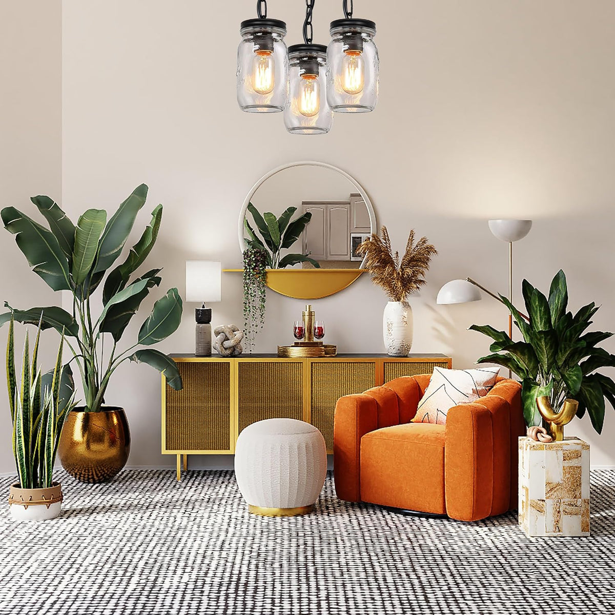 Glass Mason Jar Light Fixtures, 3-Lights Pendant Ceiling Lights Flush Mount - Black Country