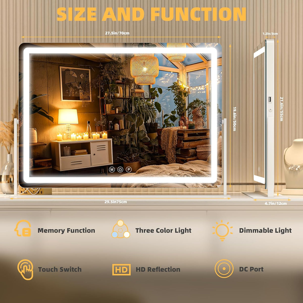 Vanity Mirror with Lights, 29.5'' x 22'' Lighted Makeup Mirror, Touch Screen with 3-Color Lighting