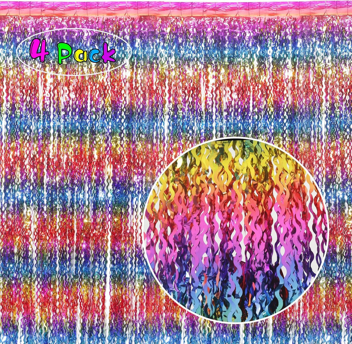 4 Pack Wavy Rainbow Foil Fringe Curtain | 3.3x6.6ft Colorful Tinsel Metallic Streamers Holiday