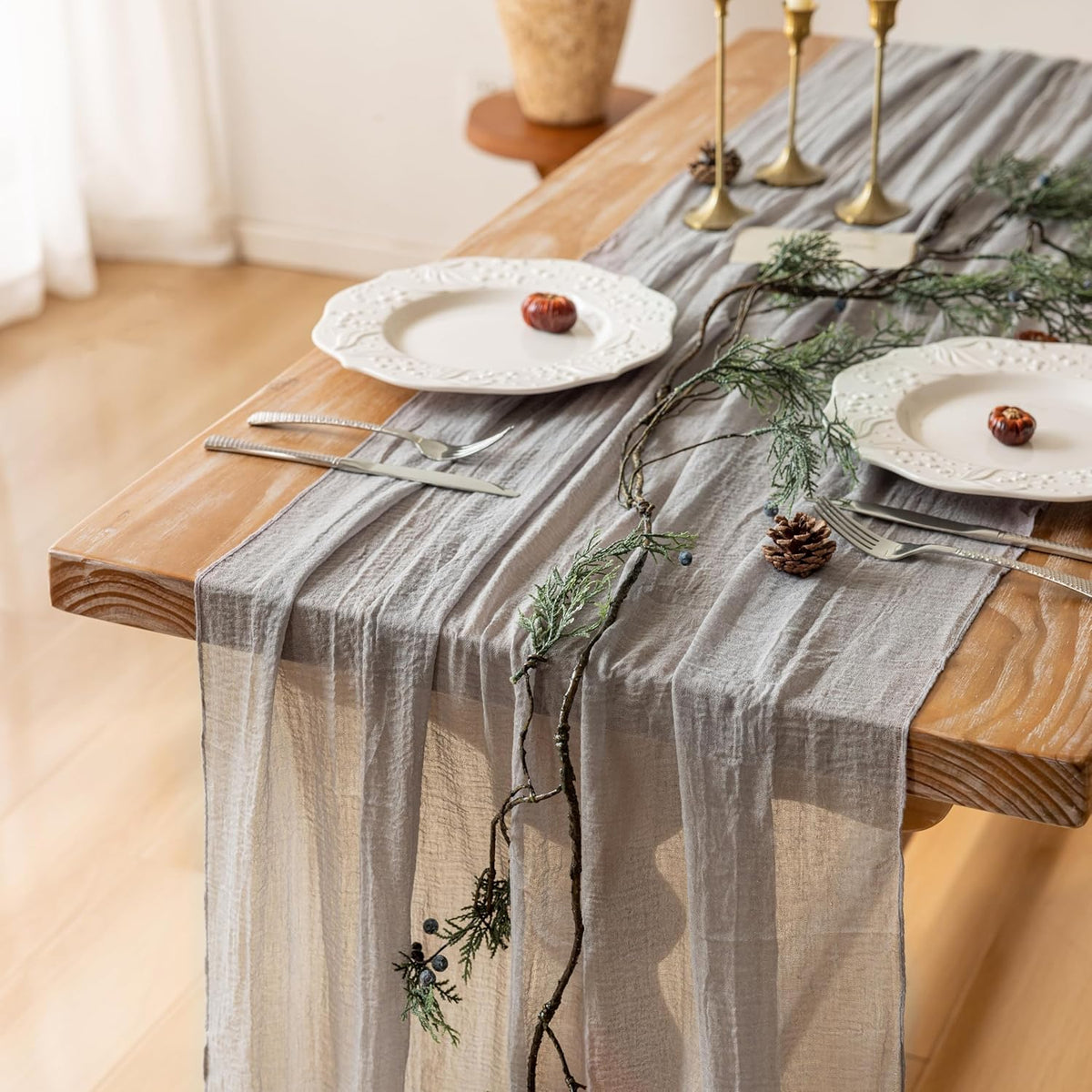 Grey Gauze Rustic Cheesecloth Table Runner 120 Inch 10 FT for Wedding Baby Shower Bridal Shower