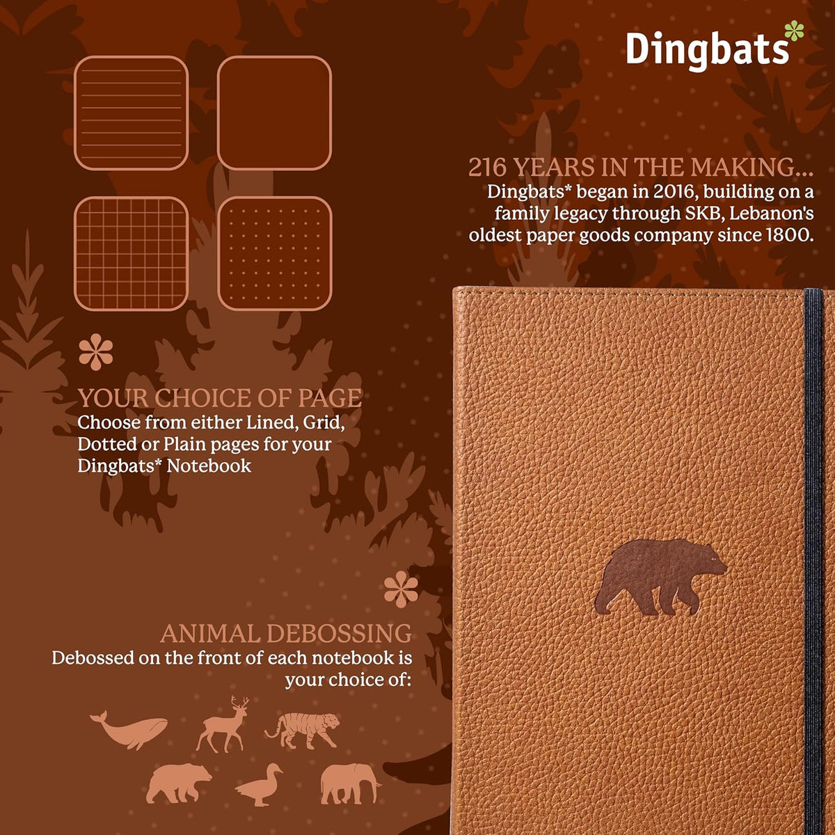 Dingbats* Wildlife Grid Writing Journal Notebook A5 - Vegan Leather Hardcover - Ideal for Work