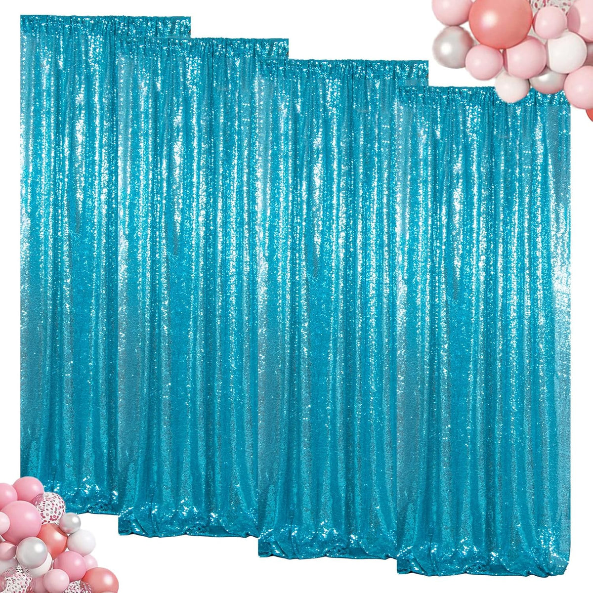 ShinyBeauty Sequin Curtains 4 Panels - Aqua Blue Shimmer Backdrop for Mermaid Parties & Baby