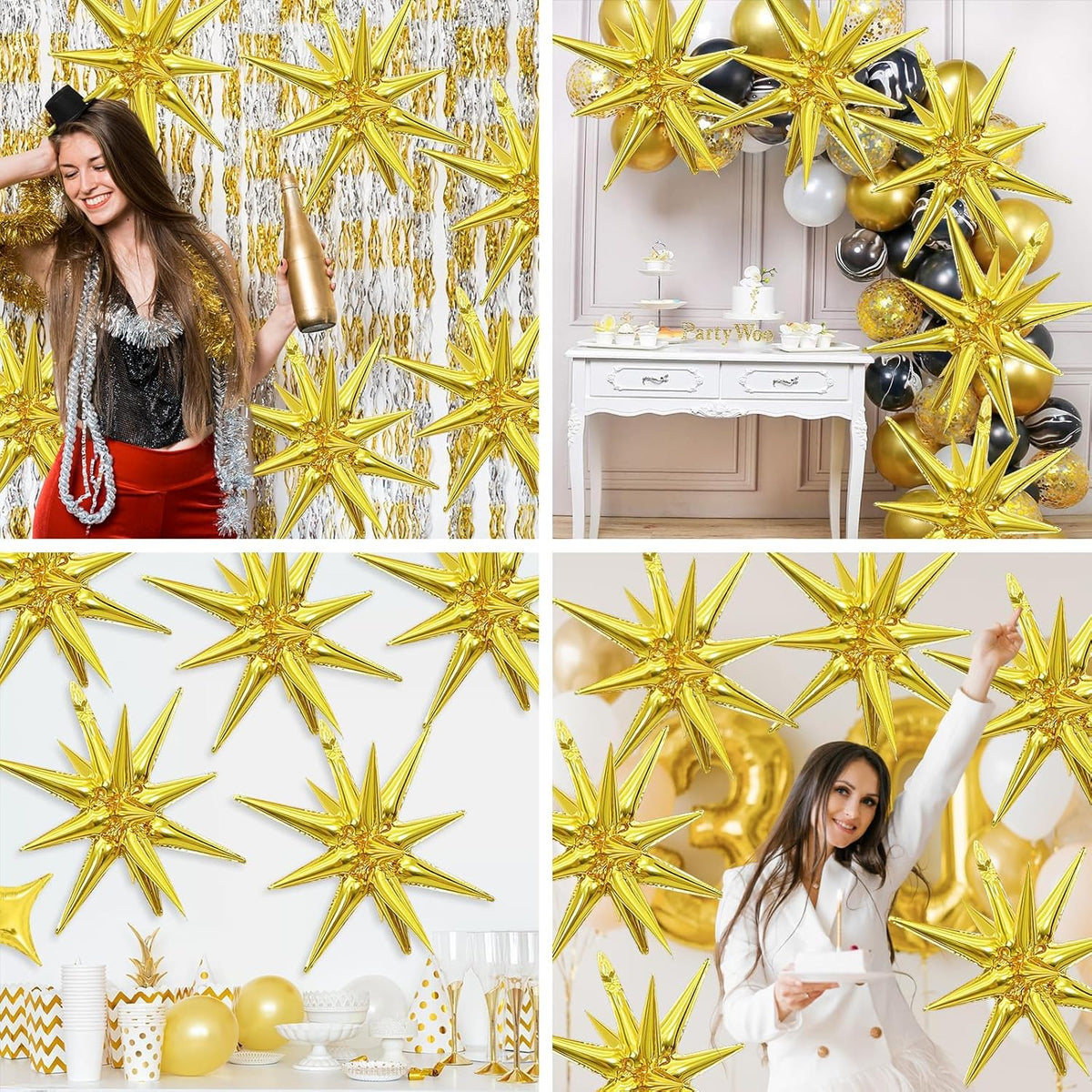 Gold Star Balloons,9Pcs 22Inch Gold Explosion Spike Cone Helium Polyester Film Star Foil Balloons