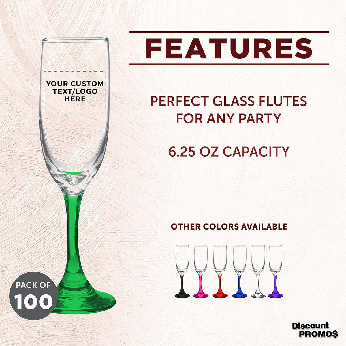 DISCOUNT PROMOS Custom Premiere Champagne Flutes 6.25 oz. Set of 100, Personalized Bulk Pack
