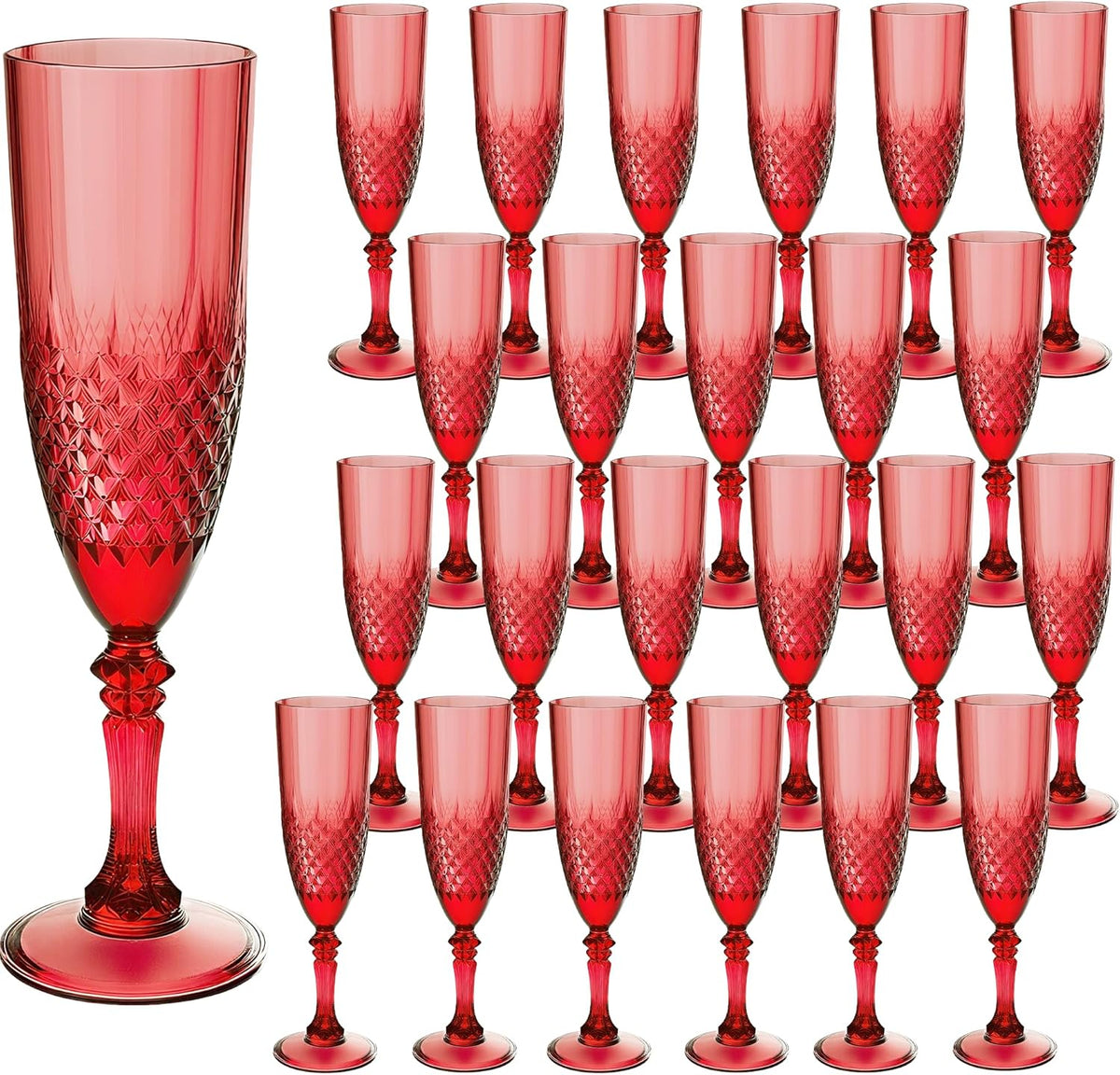 Plastic Champagne Flutes, 24PCS Dark Red Wine Glasses Goblets Cups Reusable Flute, for Christmas