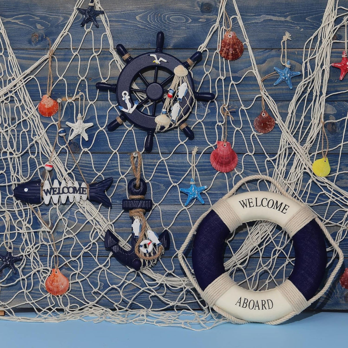 Marsui 11 Pcs Wooden Nautical Wall Decor Fishing Net Decoration, Include Decorative Fishing Net
