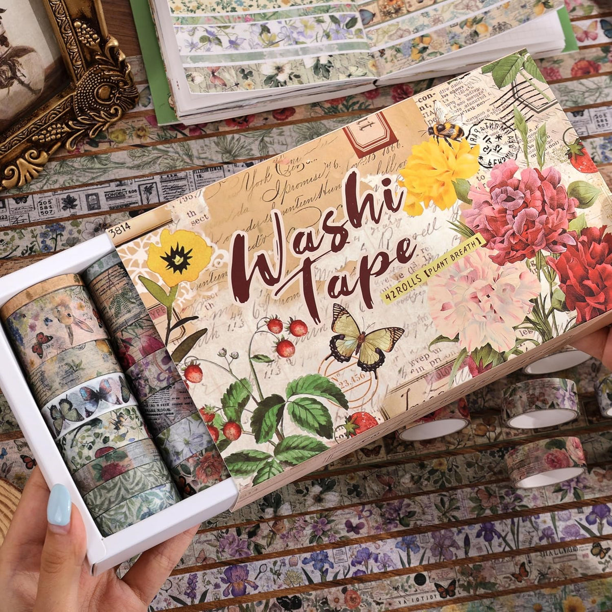 42 Rolls Vintage Washi Tape Set, Delicate Butterfly & Lush Floral Botanical Themed Writable