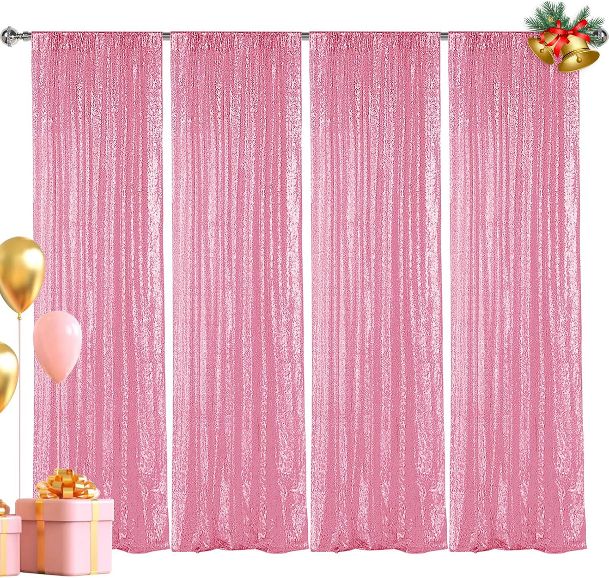 Hahuho Pink Sequin Backdrop Curtain, 4PCS 2FTx8FT Glitter Backdrop Curtain for Parties, Christmas