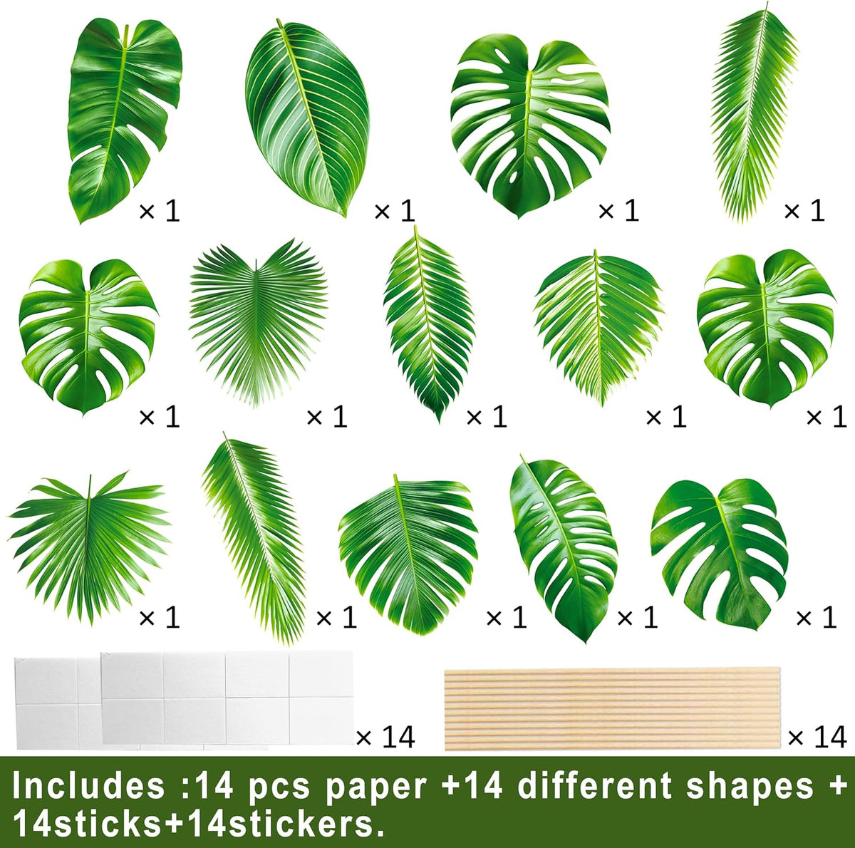 14pcs Palm Leaf Centerpiece Sticks Tropical Party Decorations for Table Green Leaves Theme