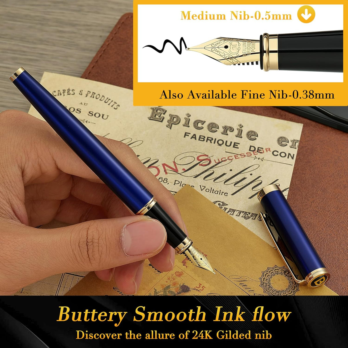 BEILUNER Blue Fountain Pen,Stunning Luxury Pens with 24K Gold Finish, Gorgeous 24K Gilded