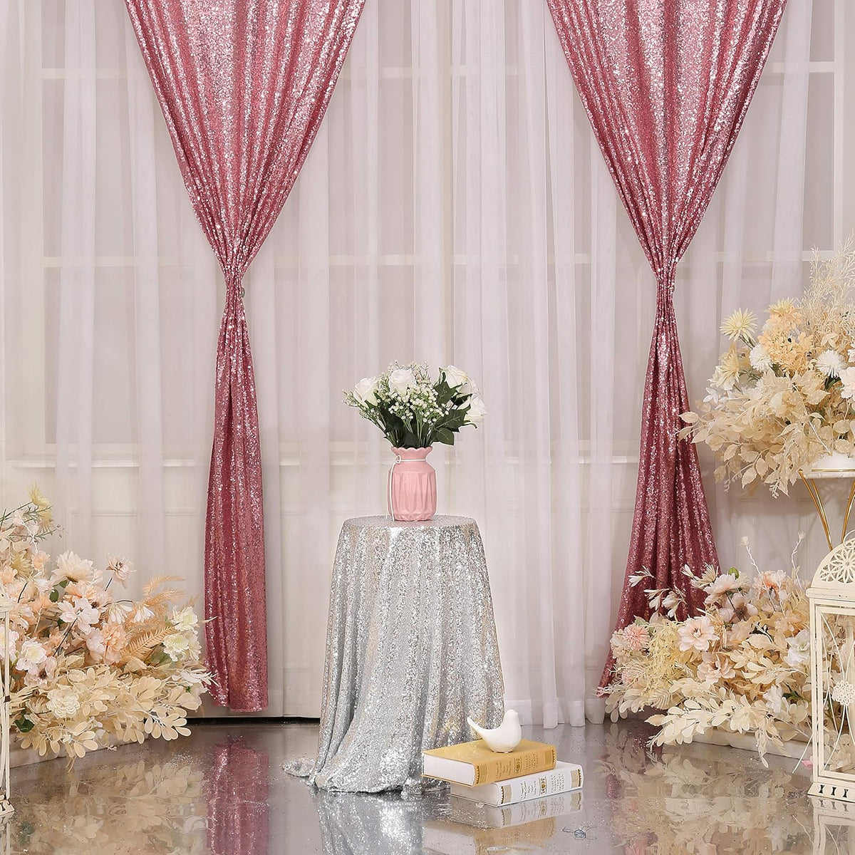 Poise3EHome 2 Panels 2ft x 8ft Fuchsia Pink Sequin Backdrop Curtains for Wedding Party Xmas