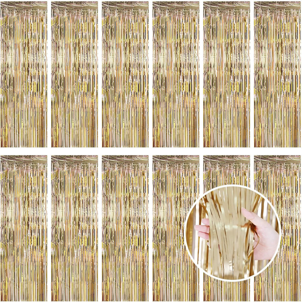 Champagne Gold Fringe Curtain Party Streamers, 12 Pack 3.3ft x 8.2ft Foil Curtain Backdrop Tinsel