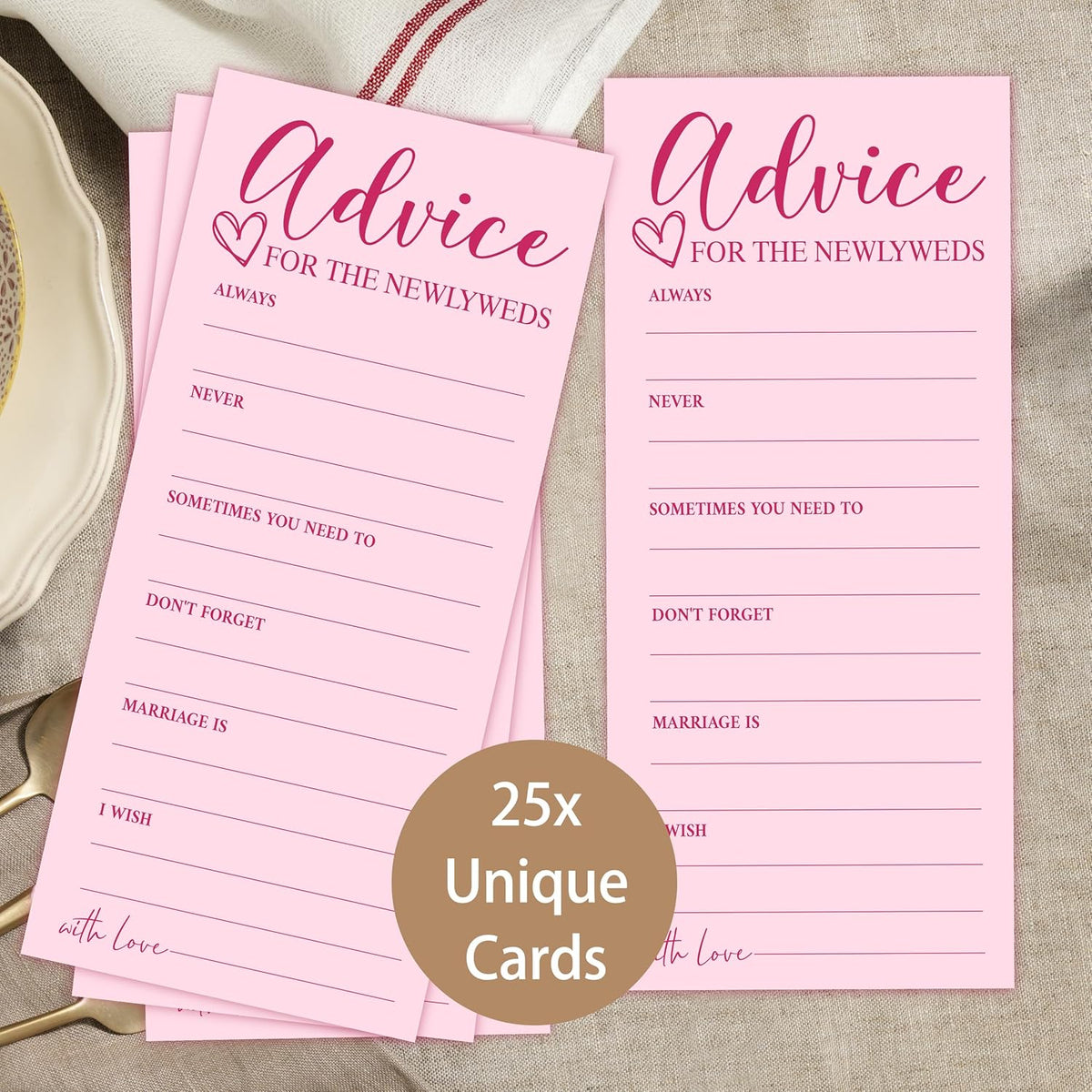 25 Wedding Advice Cards for Bridal Shower Games, Pink Advice and Wishes Cards for Bride and Groom