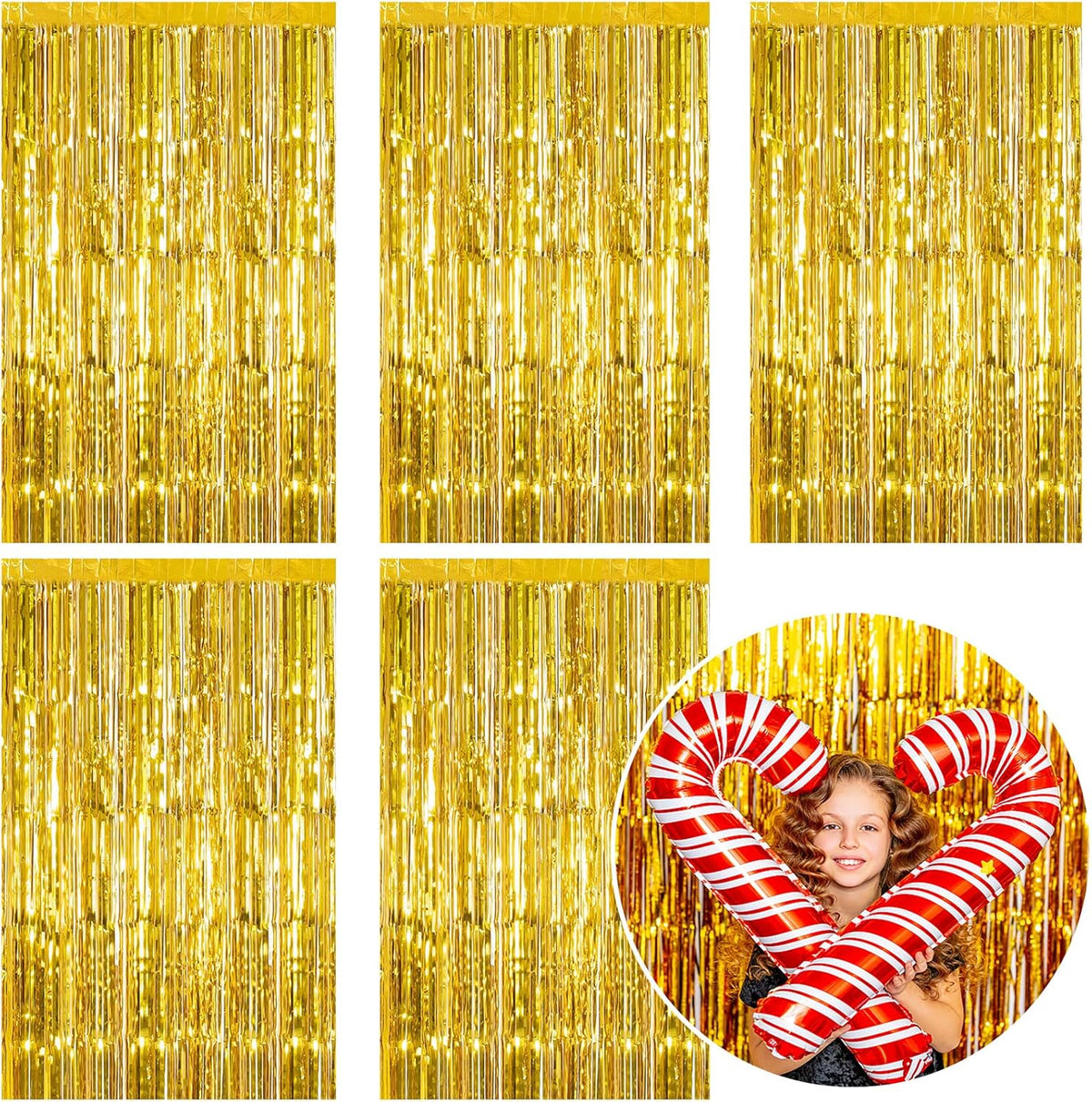 5 Pack Foil Curtain Backdrop Gold Metallic Tinsel Foil Fringe Curtains Photo Booth Props for