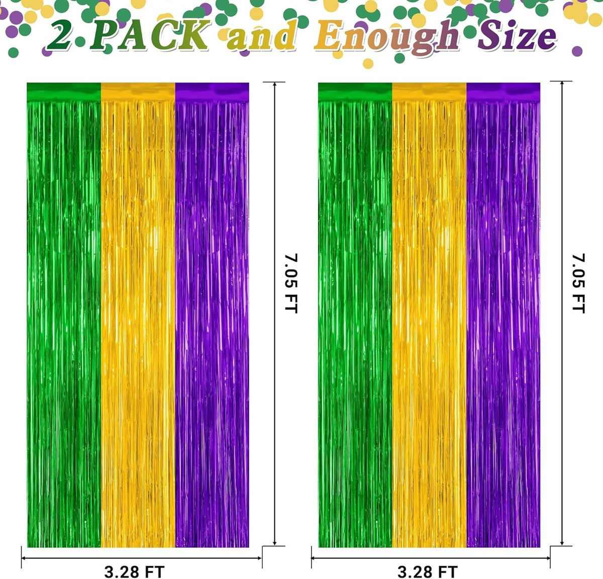 2 Pack Mardi Gras Tinsel Backdrop, 3.28 FT x 7.05 FT Metallic Fringe Curtain, Purple Gold Green