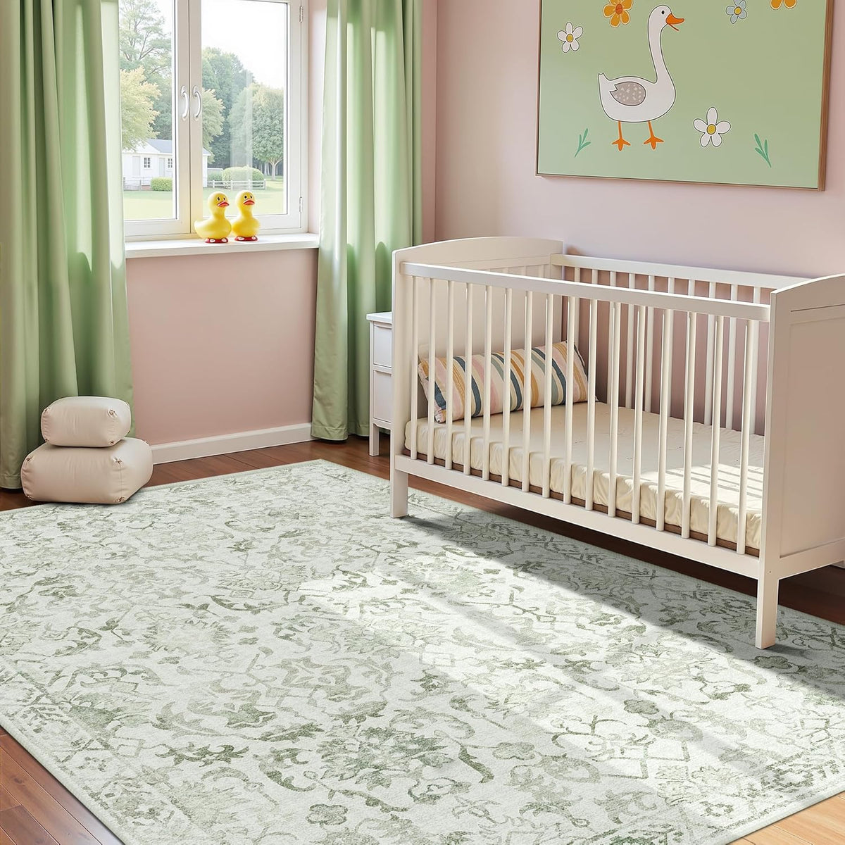 Sage Vintage Area Rug 3x5 for Living Room Bedroom, Washable Distressed Farmhouse Soft Thin