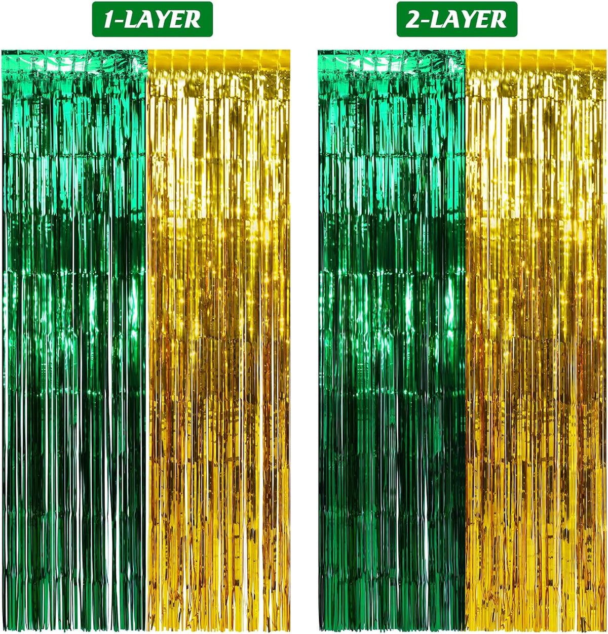 3Pack 3.3Ft x 6.6Ft Graduation Foil Fringe Curtain Backdrop Decorations, Green Gold Metallic Tinsel