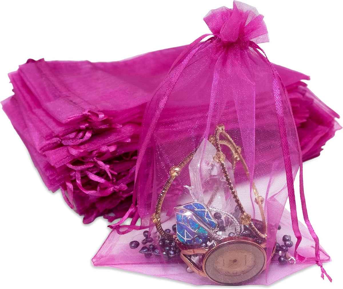 TheDisplayGuys 100-Pack 6x8 Hot Pink Sheer Organza Gift Bags with Drawstring, Jewelry Candy Treat