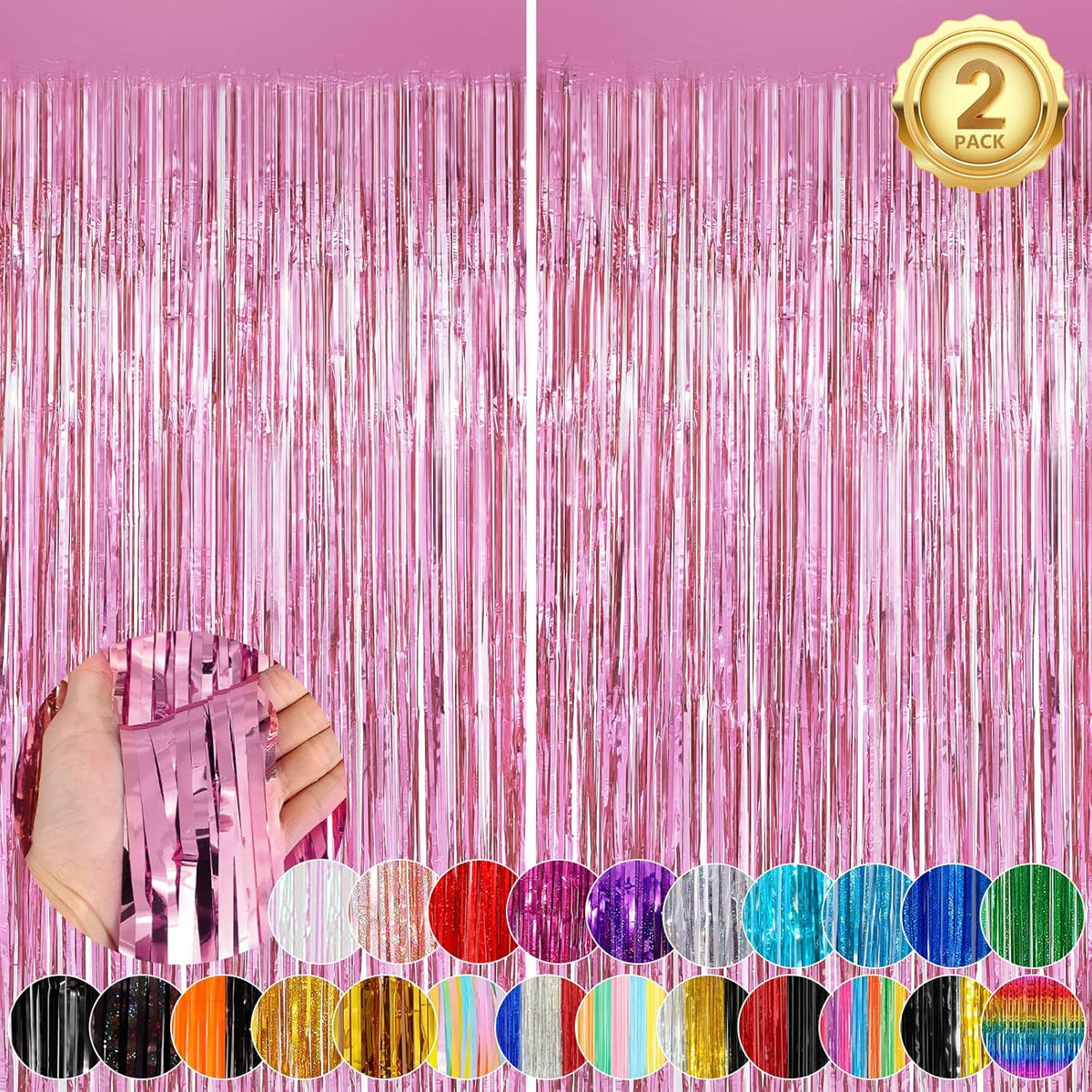 Glitter Pink Party Streamers 2Pack Glitter Foil Fringe Curtain 3.3 x 8.3ft Pink Party Decor Photo