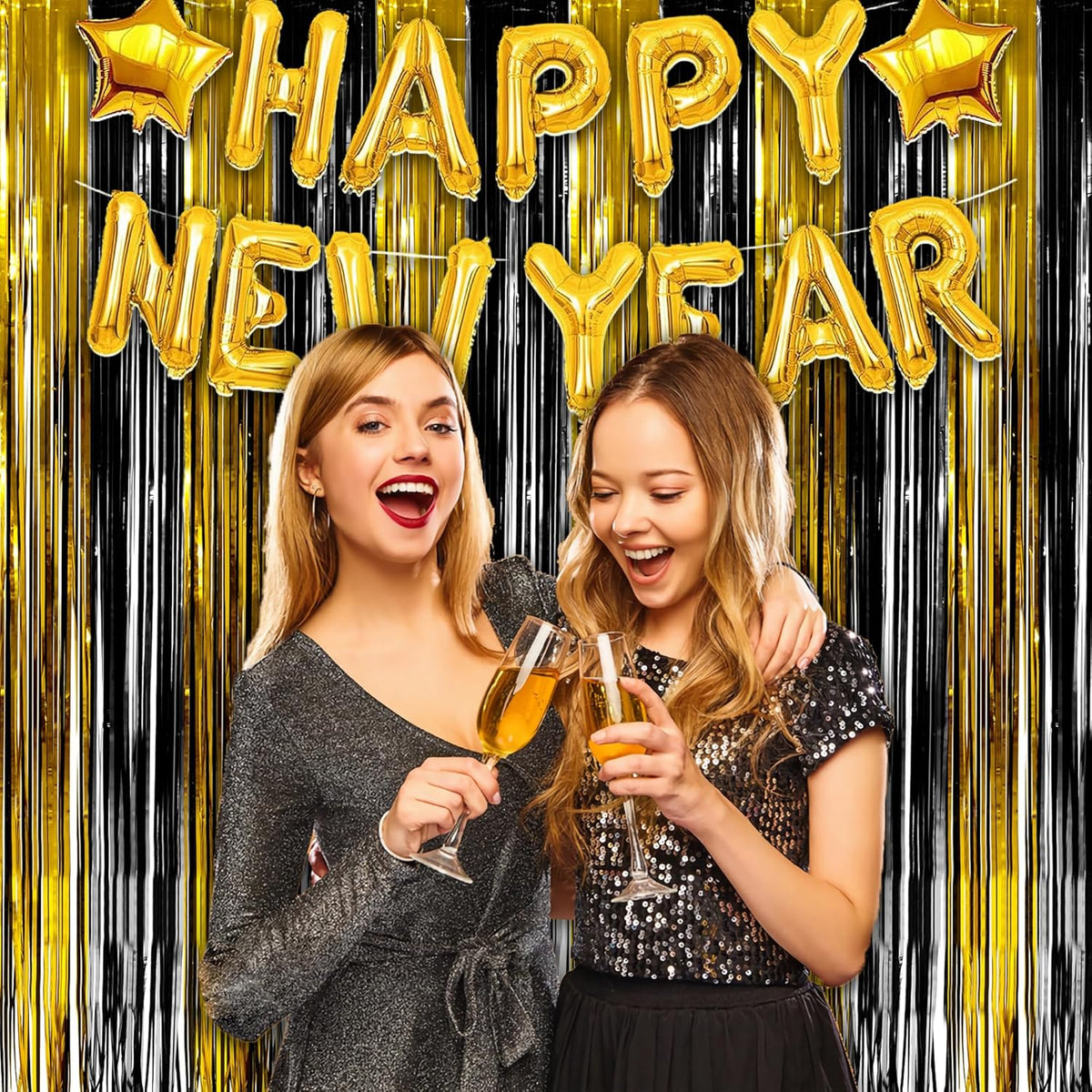 Black and Gold Party Streamers Decoration - GREATRIL Foil Fringe Backdrop for 2026