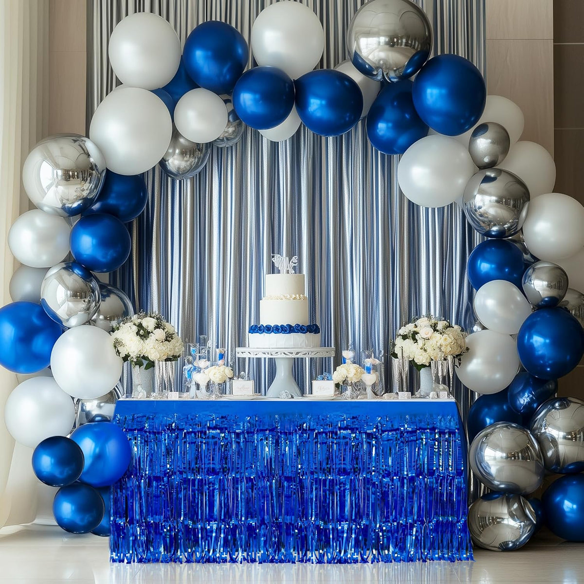 2 Pack Dark Blue Table Skirts, 29x108" Metallic Foil Tinsel Fringe Table Skirts for Rectangle