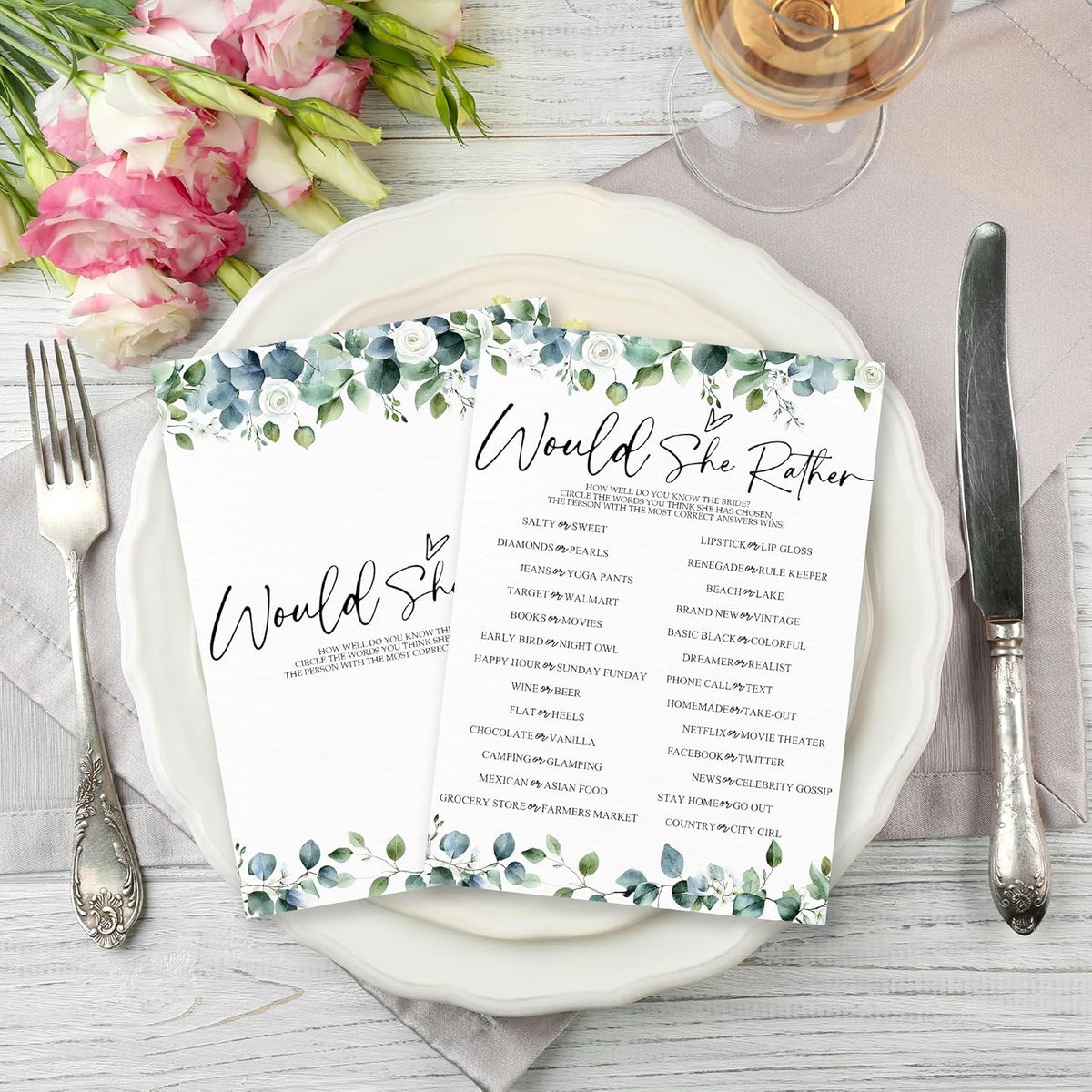 He Said She Said - Botanical Bridal Shower Game Cards - 50 Pcs Eucalyptus Leaves Game Cards - Funny
