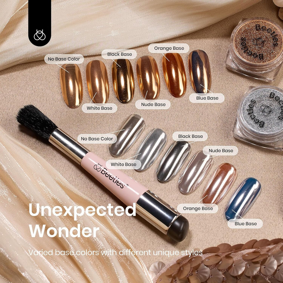 Beetles Gold Chrome Nail Powder, 2 Colors Holographic Chrome Powder Mirror Effect with Nail Brush