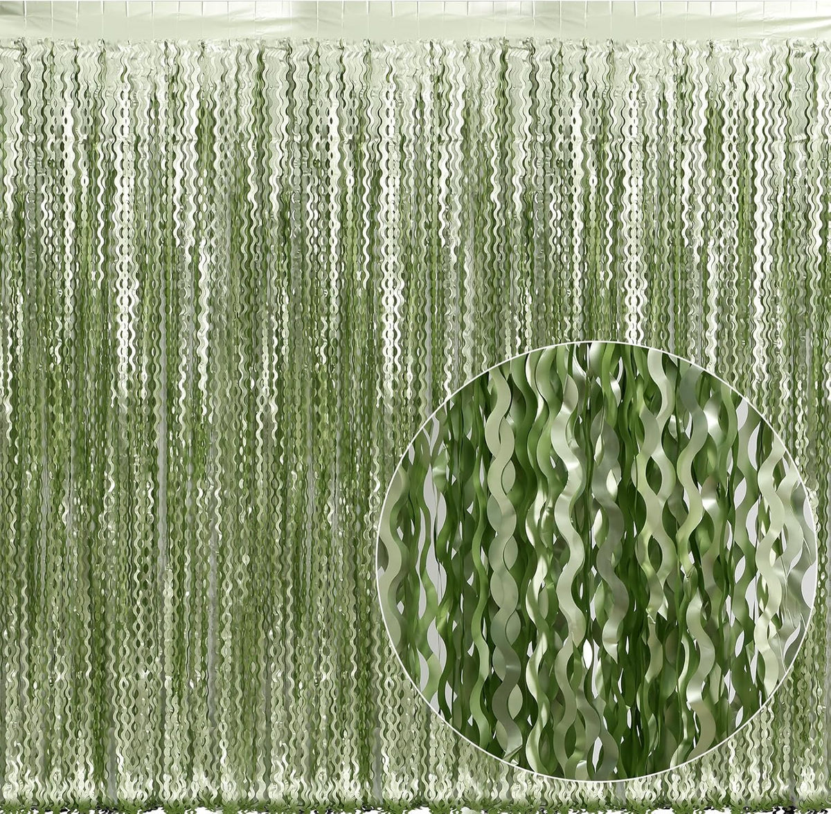 4 Pack Sage Green Wavy Metallic Tinsel Foil Fringe Curtains 3.3x6.6 Feet - Light Green Foil
