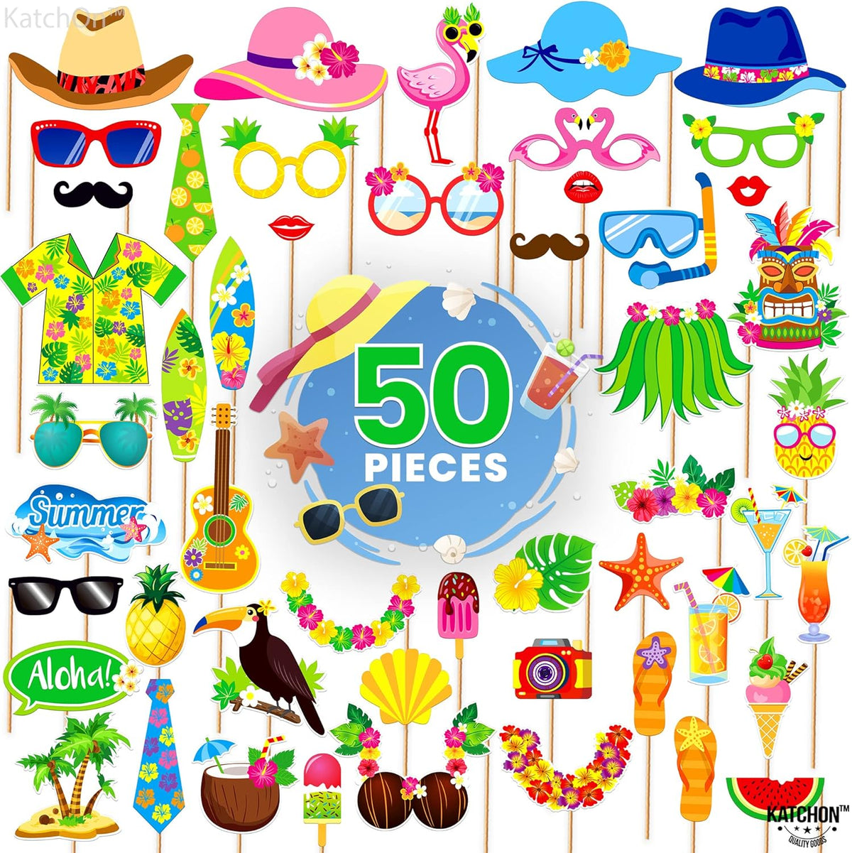 KatchOn, Tropical Hawaiian Photo Booth Props - Pack of 50, Luau Party Decorations | Luau Photo