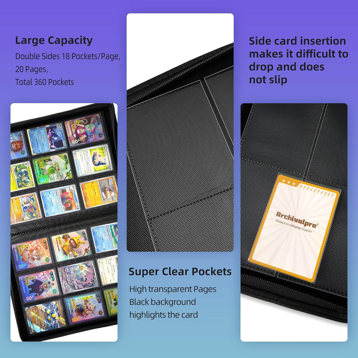 9 Pockets Premium Card Binder 360 Cards Trading Card Binders Zip Card Storage Display Album(9