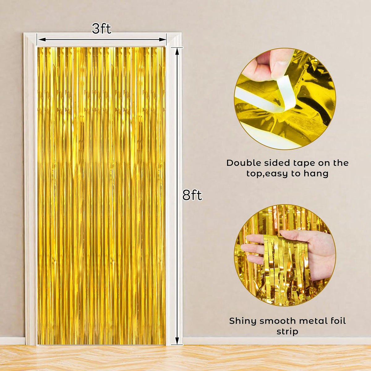 BTSD-home 10 Pack Gold Foil Fringe Curtain, Metallic Photo Booth Backdrop Tinsel Door Curtains for