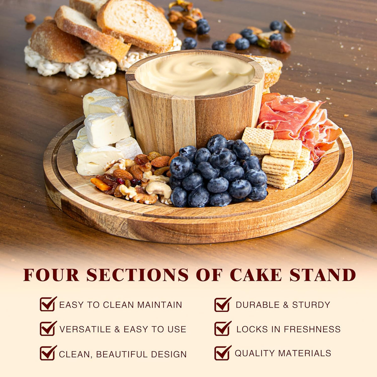 Acacia Wood Cake Stand with Lid, 12" Glass Cake Stand with Dome Cake Holder, 2-in-1 Dessert Table