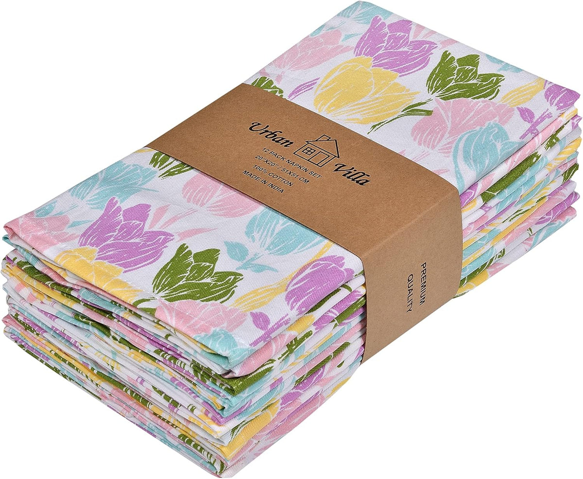 Urban Villa Easter Cloth Napkins Tulip Print 100% Cotton Absorbent Dinner Napkins (Set of 12)