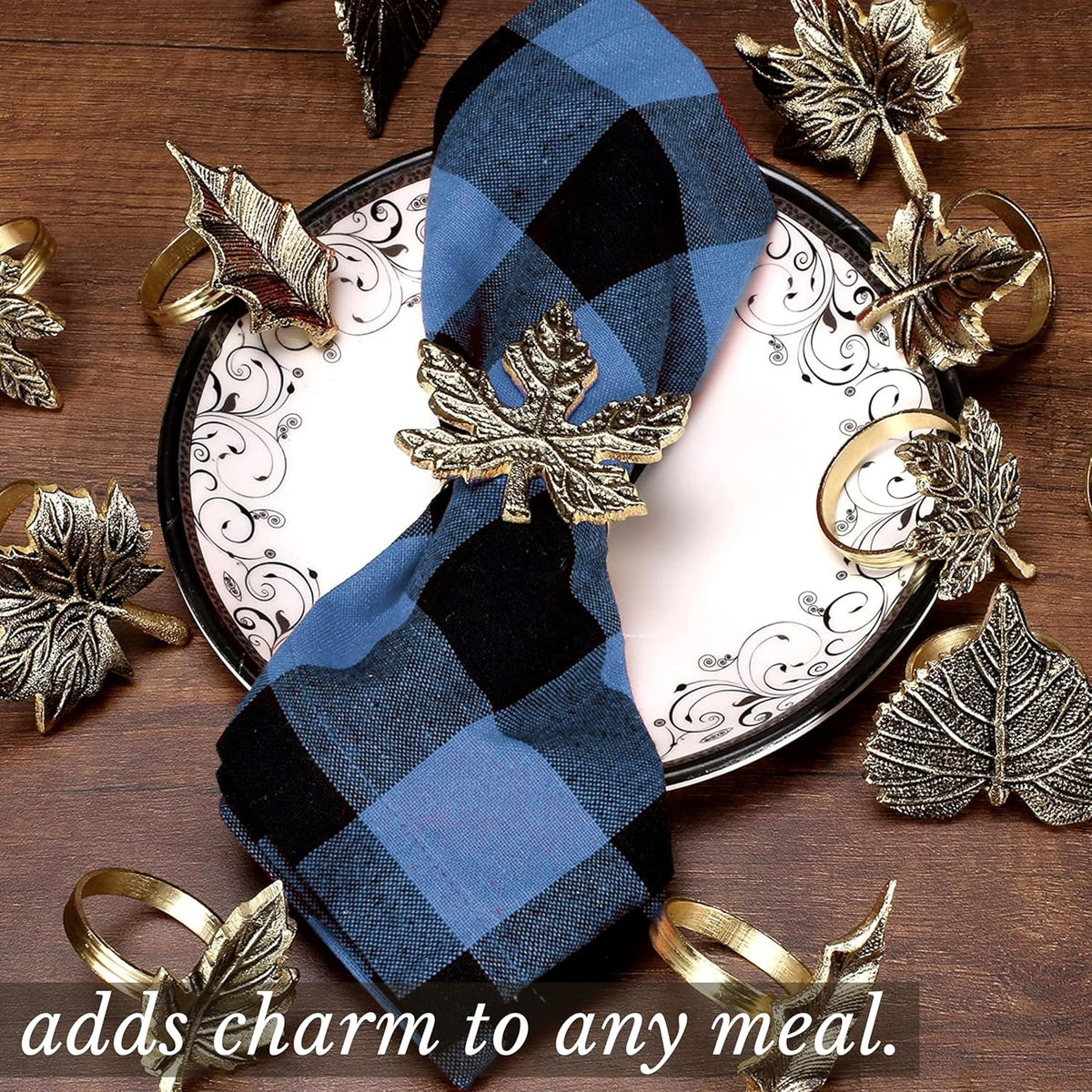 12-Piece Metal Napkin Rings - Antique Gold Harvest Leaf Napkin Rings - Decorative Table Accents for