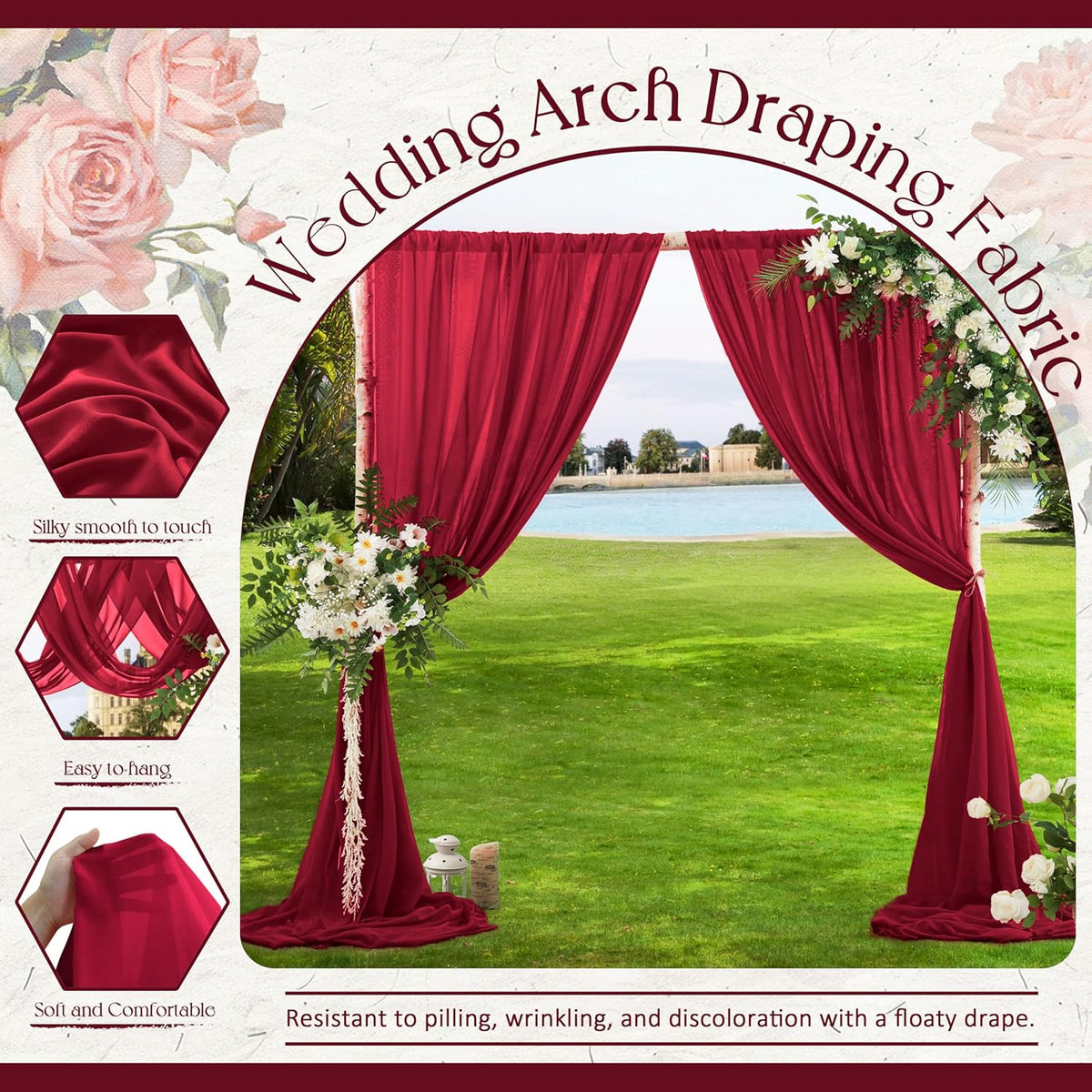 VACVELT Wedding Arch Draping Fabric - Burgundy Chiffon, 2 Panels Sheer Drapes, 30 Inch x 20ft