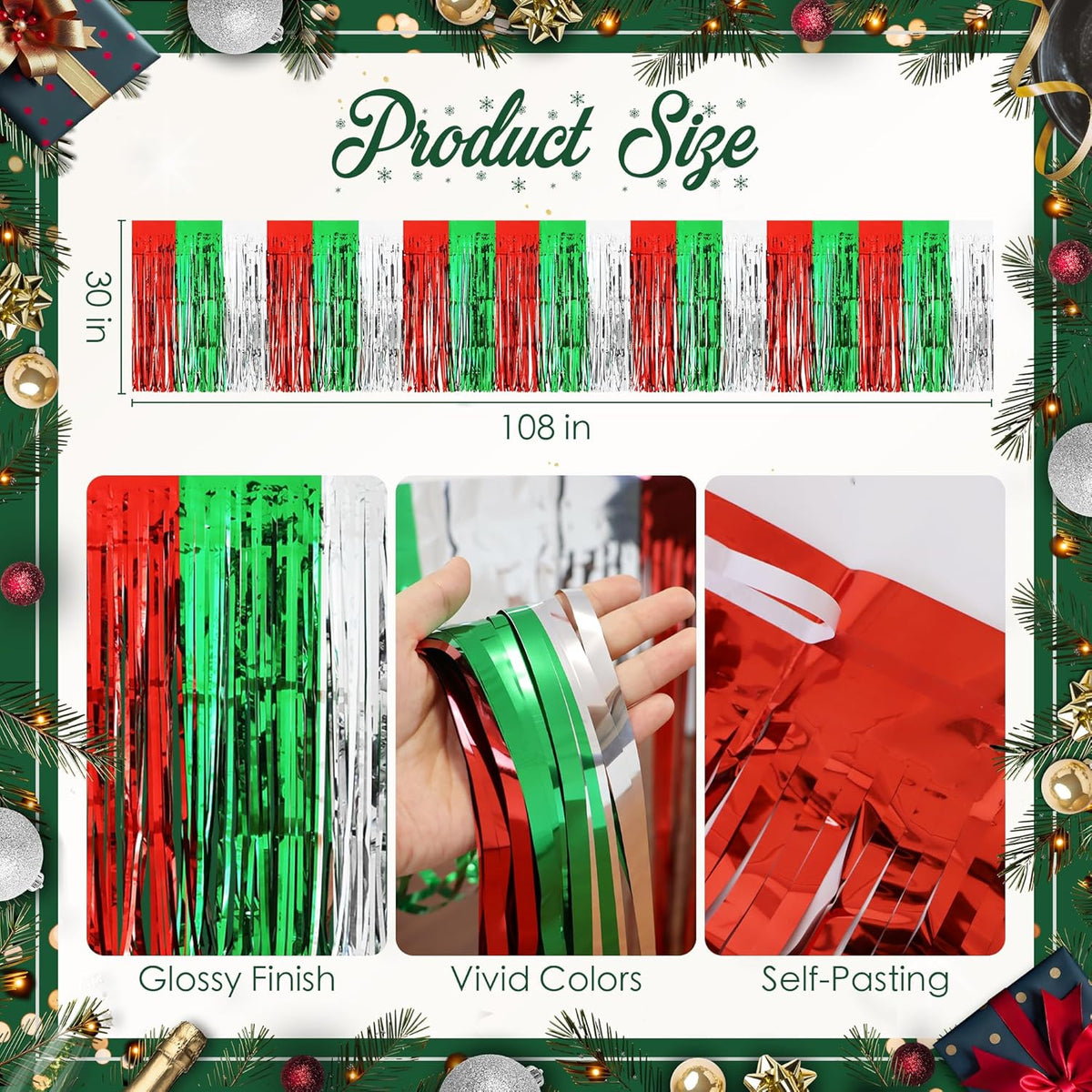 2 Pack Christmas Table Skirts, 29x108" Red & Silver & Green Metallic Foil Tinsel Fringe Table
